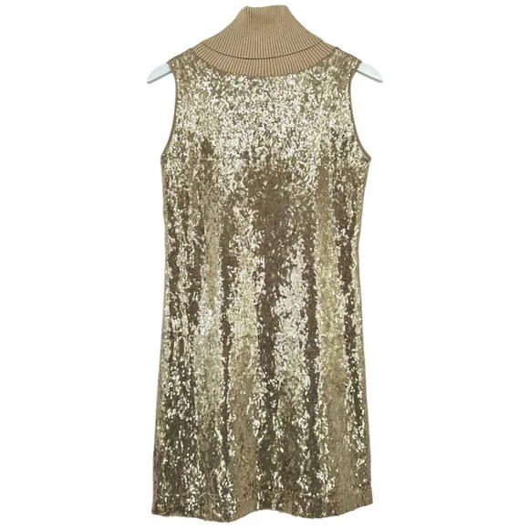 Blumarine Blugirl Gold Sequin Sleeveless Ribbed Turtleneck Cocktail Mini  Dress